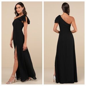 Lulus Simply Brilliant Black One-Shoulder Bow Maxi Dress